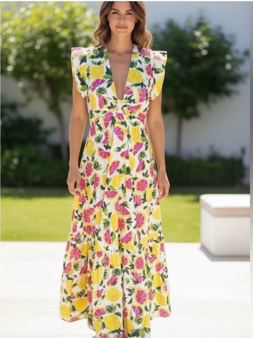 Steve Madden Lemon & Pink Citrus Print V-Neck Maxi Dress Sz XS